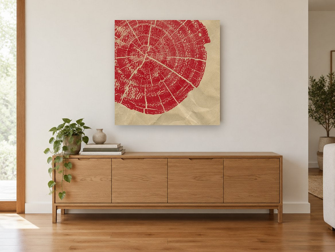 Red Tree Ring Print floral canvas print on the wall of a living room above a sideboard