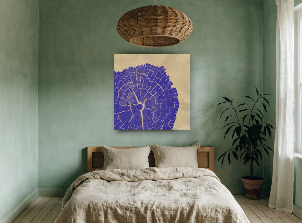 Violet Tree Rings floral canvas print on the wall of a bedroom