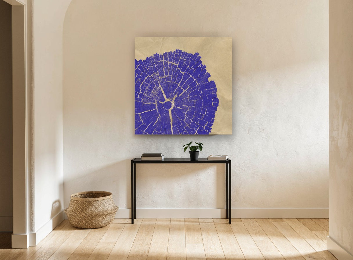 Violet Tree Rings floral canvas print on the wall of a hallway