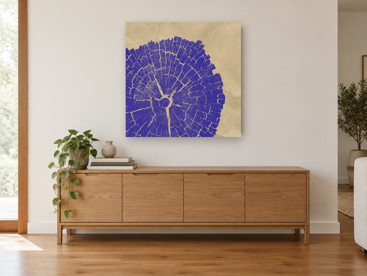 Violet Tree Rings floral canvas print on the wall of a living room above a sideboard