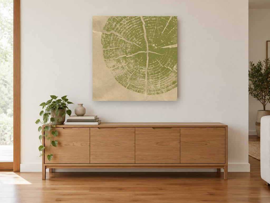 Olive Tree Ring Print floral canvas print on the wall of a living room above a sideboard