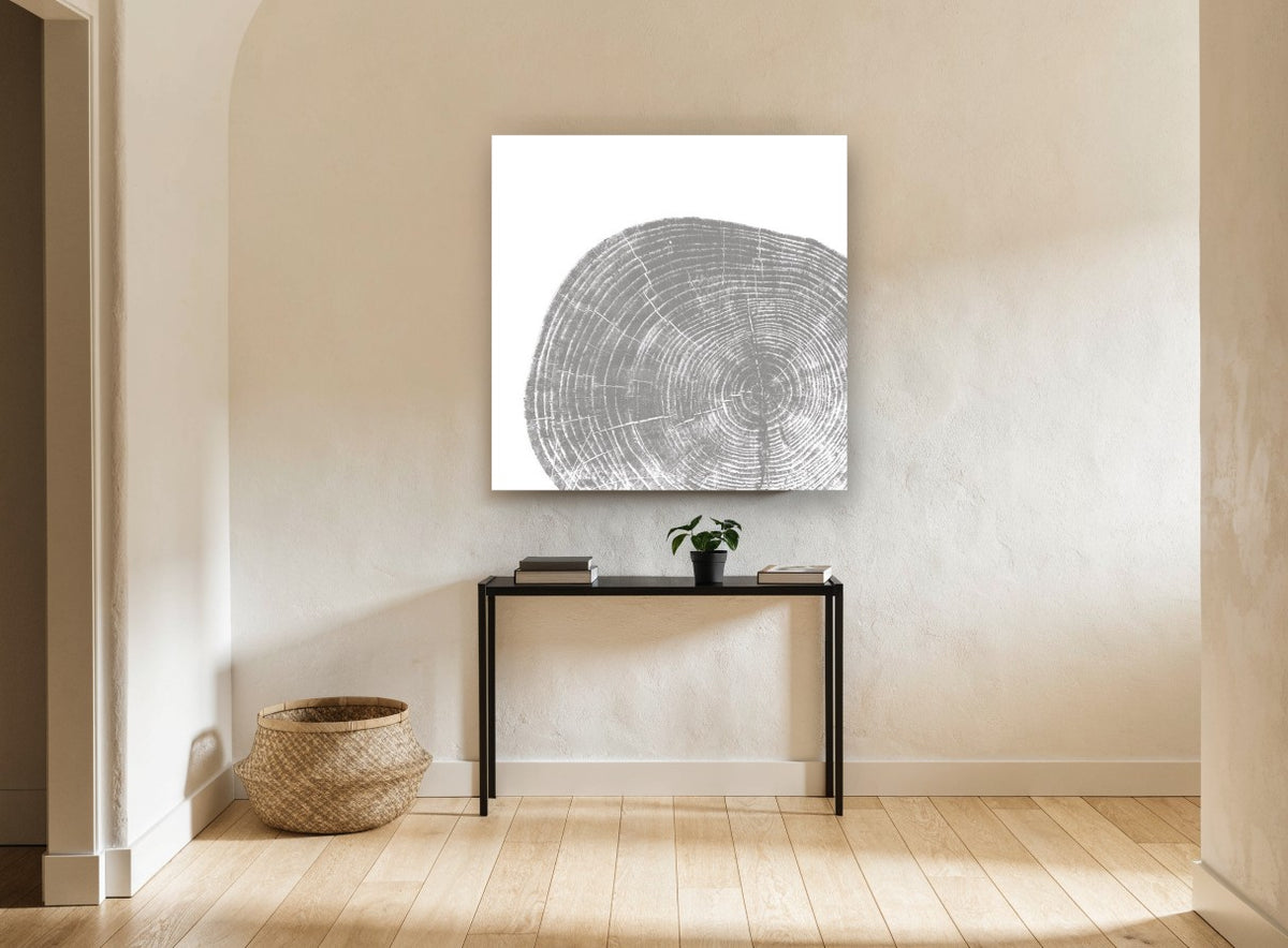 Grey Tree Ring Slice floral canvas print on the wall of a hallway