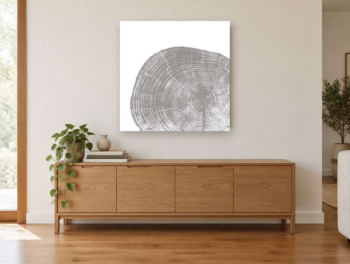 Grey Tree Ring Slice floral canvas print on the wall of a living room above a sideboard