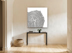 Grey Timber Rings floral canvas print on the wall of a hallway