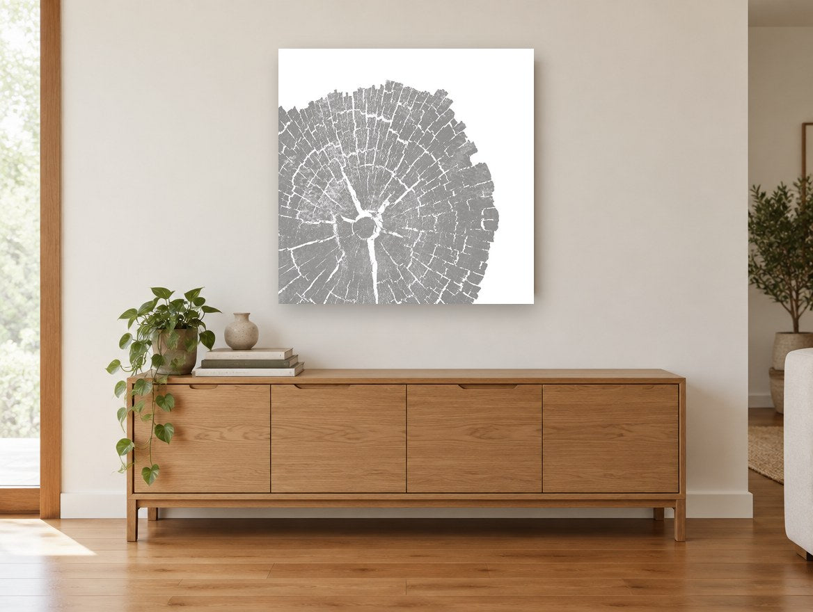 Grey Timber Rings floral canvas print on the wall of a living room above a sideboard