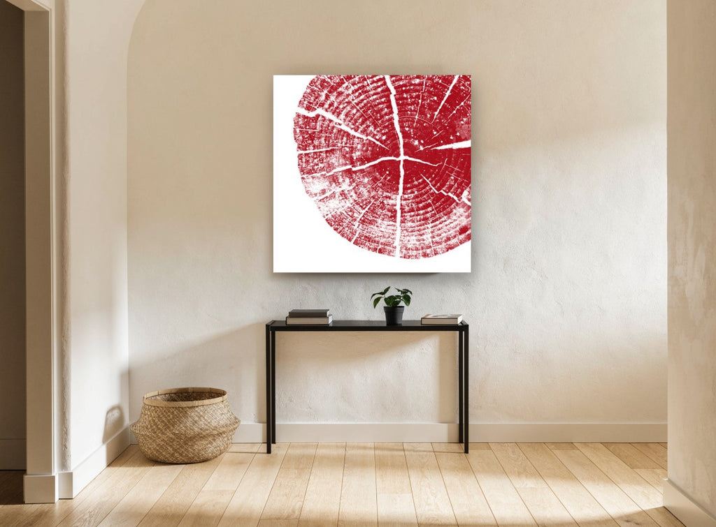 Crimson Tree Rings floral canvas print on the wall of a hallway