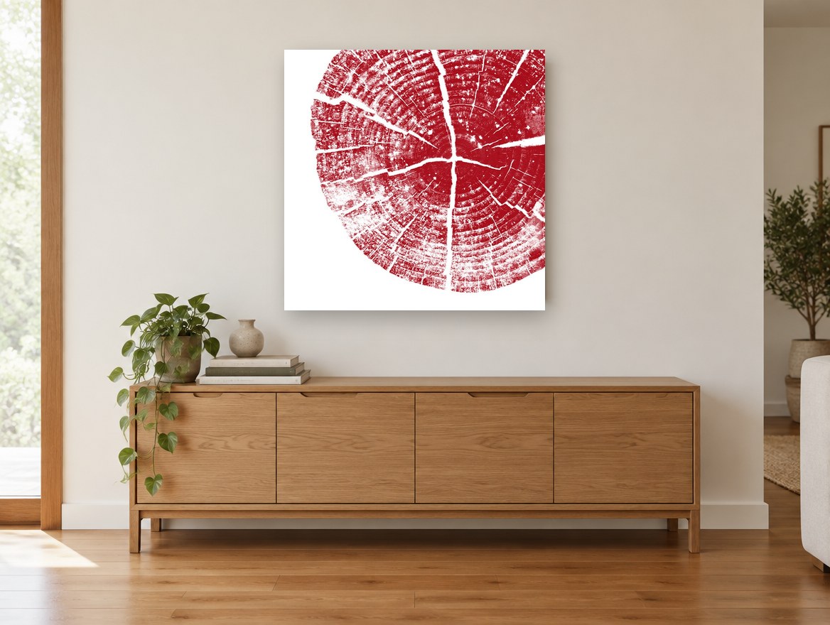 Crimson Tree Rings floral canvas print on the wall of a living room above a sideboard