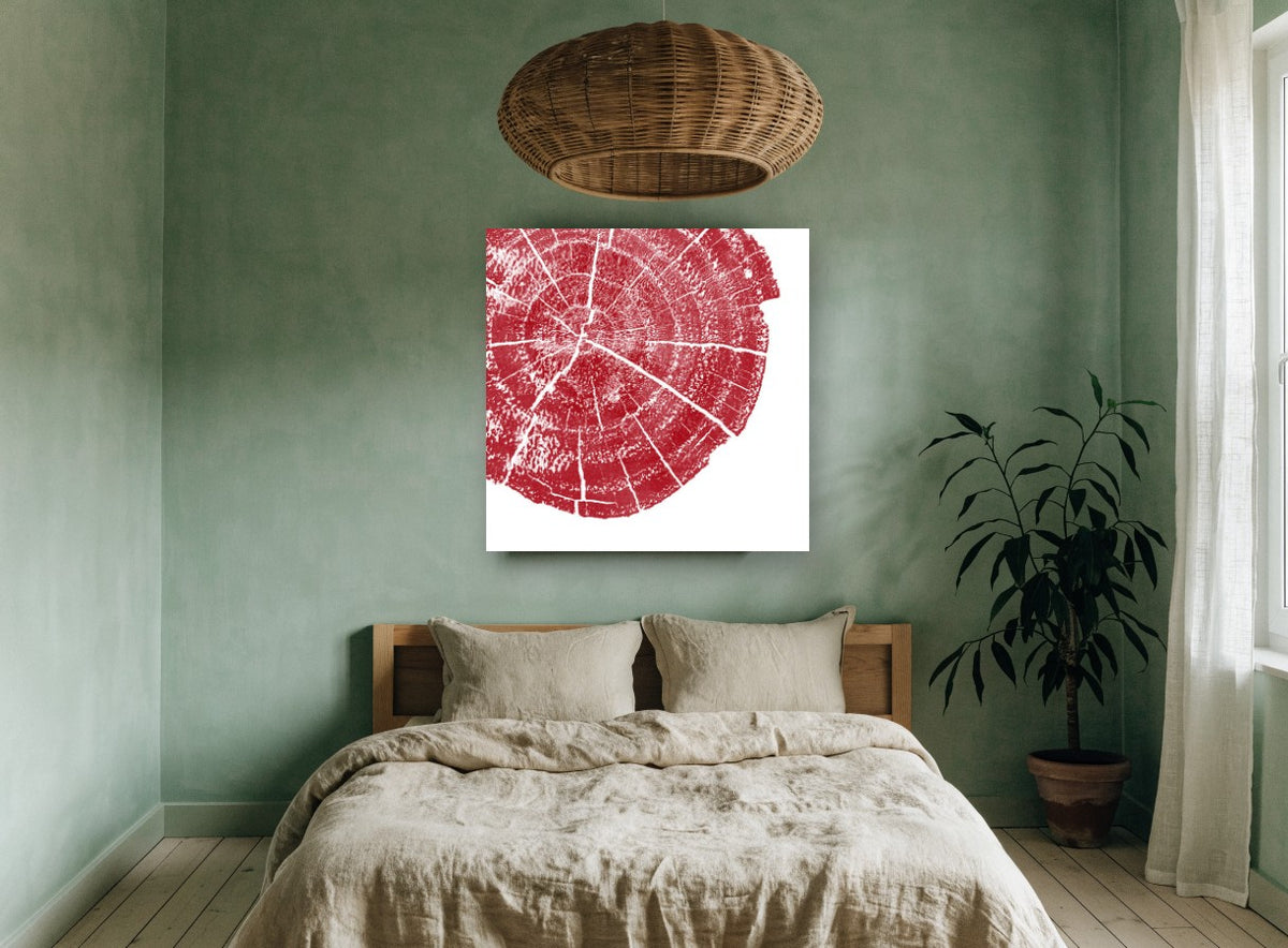 Crimson Tree Ring floral canvas print on the wall of a bedroom