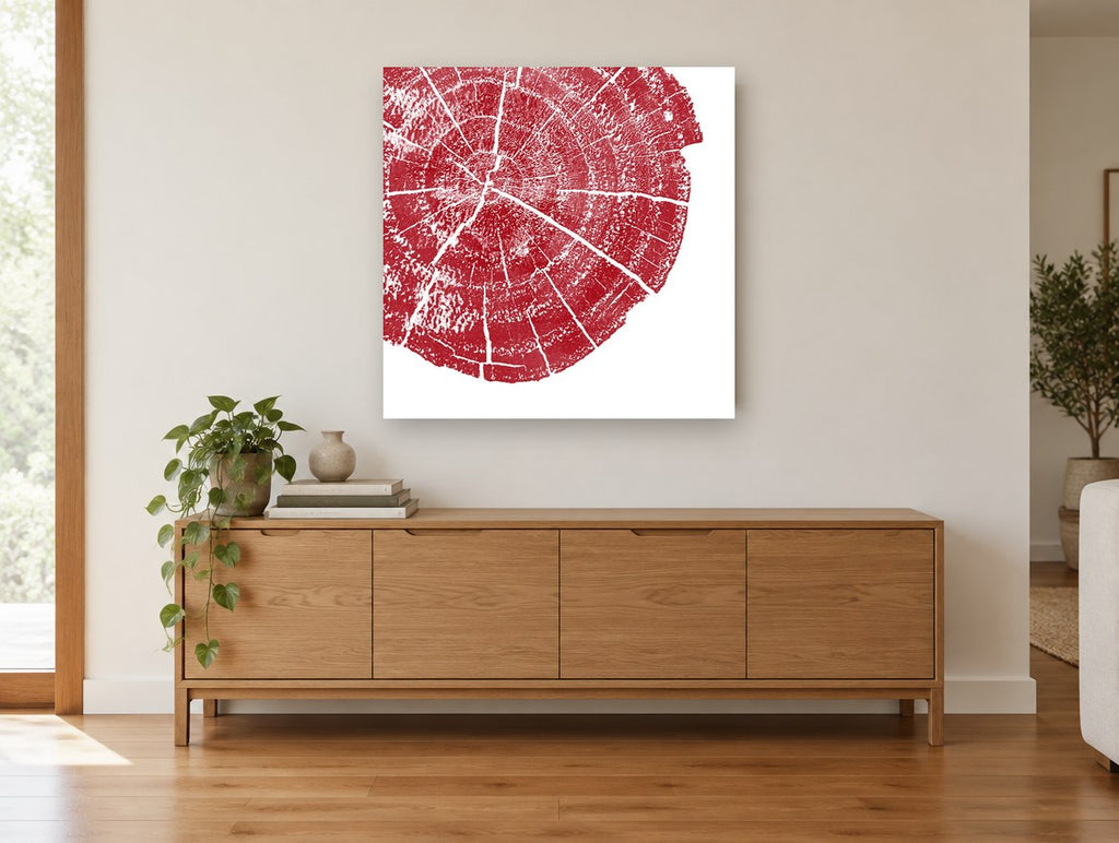 Crimson Tree Ring floral canvas print on the wall of a living room above a sideboard