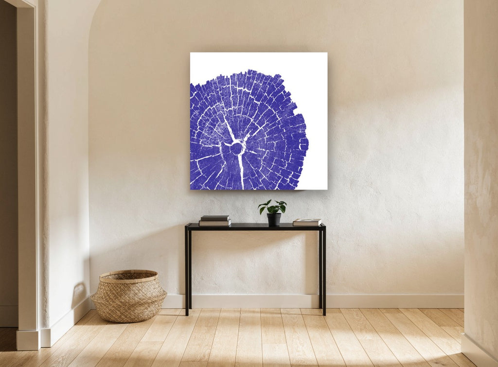 Indigo Tree Rings floral canvas print on the wall of a hallway