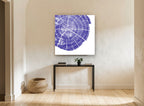Indigo Tree Rings floral canvas print on the wall of a hallway