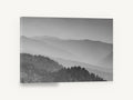 Layered Ridge Haze, misty forested ridges black and white photograph, landscape canvas wall art print ready to hang