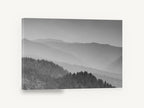 Layered Ridge Haze, misty forested ridges black and white photograph, landscape canvas wall art print ready to hang