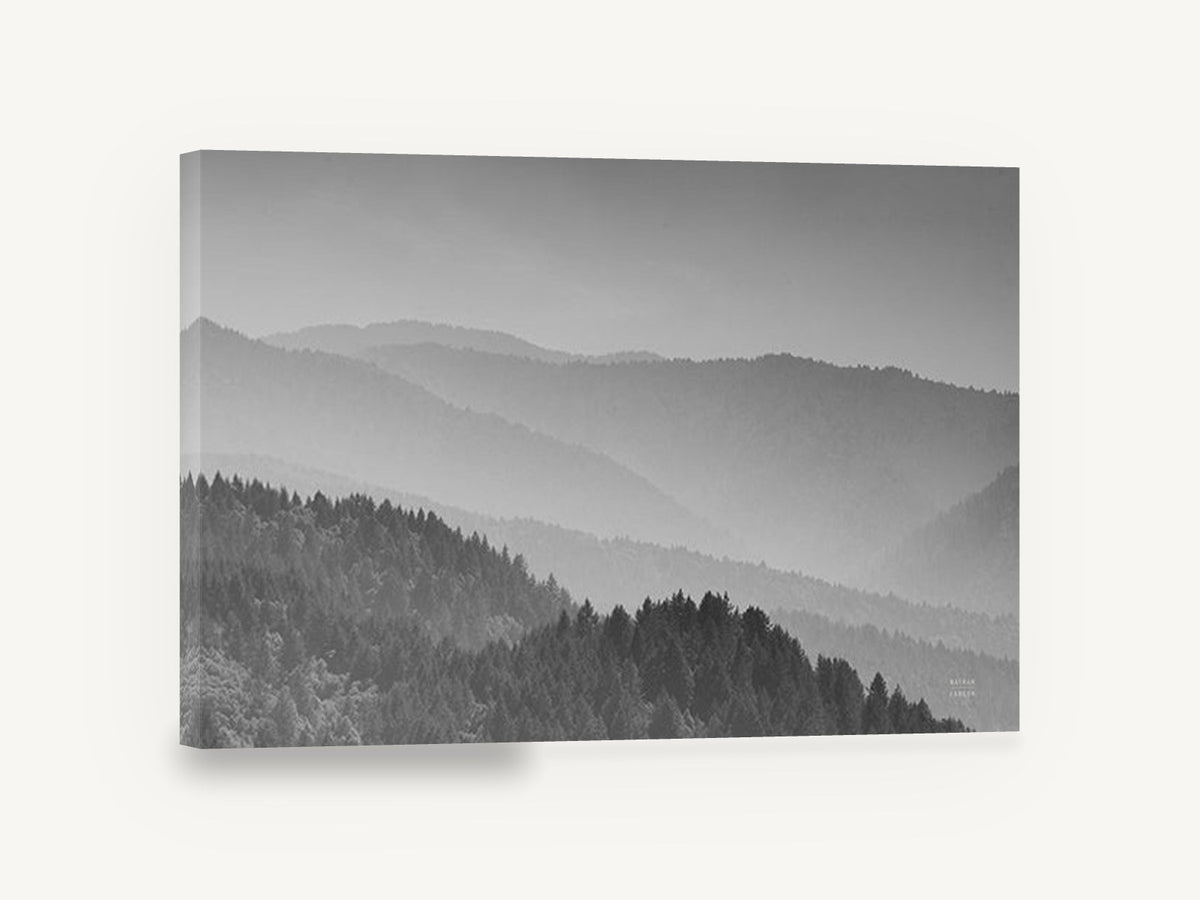 Layered Ridge Haze, misty forested ridges black and white photograph, landscape canvas wall art print ready to hang