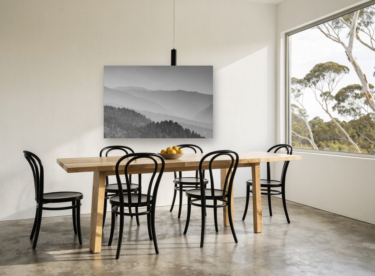 Layered Ridge Haze landscape canvas print on the wall of a dining room