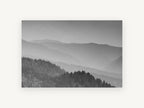 Layered Ridge Haze, misty forested ridges black and white photograph, landscape canvas wall art print, front view