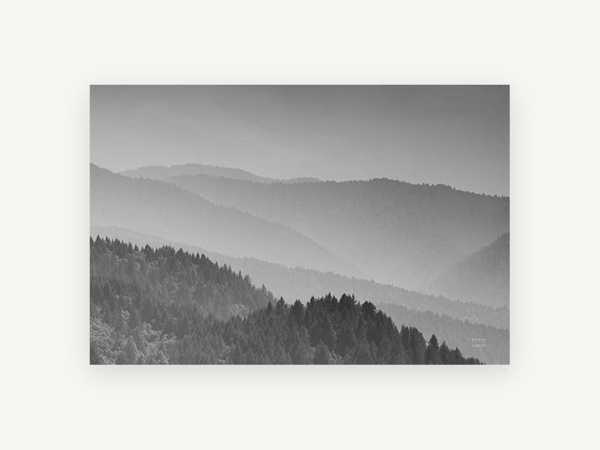 Layered Ridge Haze, misty forested ridges black and white photograph, landscape canvas wall art print, front view