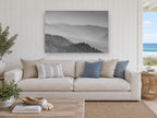Layered Ridge Haze landscape canvas print on the wall of a beach house living room