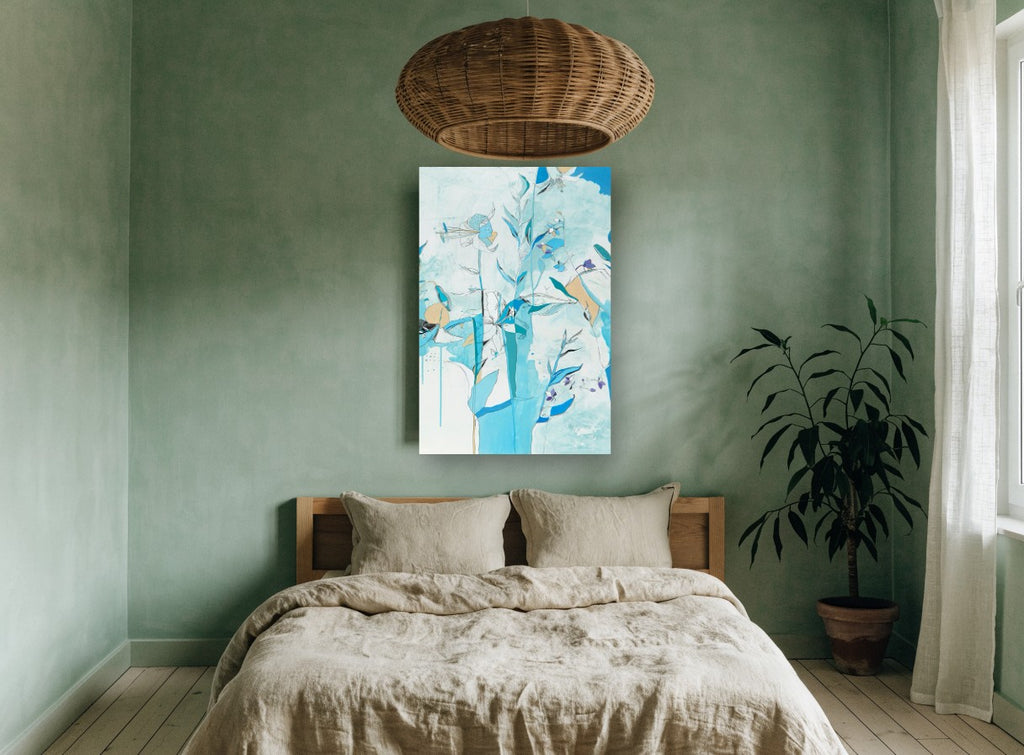 Blue Lily Garden floral canvas print on the wall of a bedroom