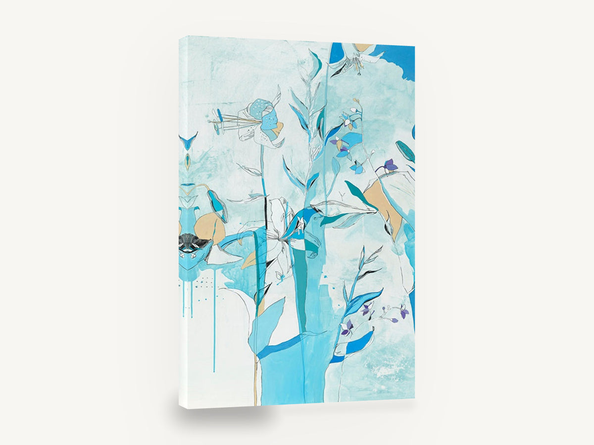 Blue Lily Garden, blue lily abstract botanical painting, floral canvas wall art print ready to hang
