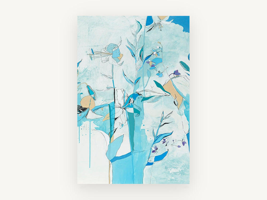 Blue Lily Garden, floral canvas wall art print, front view