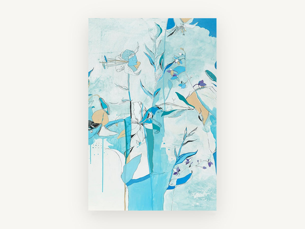 Blue Lily Garden, floral canvas wall art print, front view