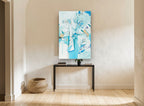 Blue Lily Garden floral canvas print on the wall of a hallway