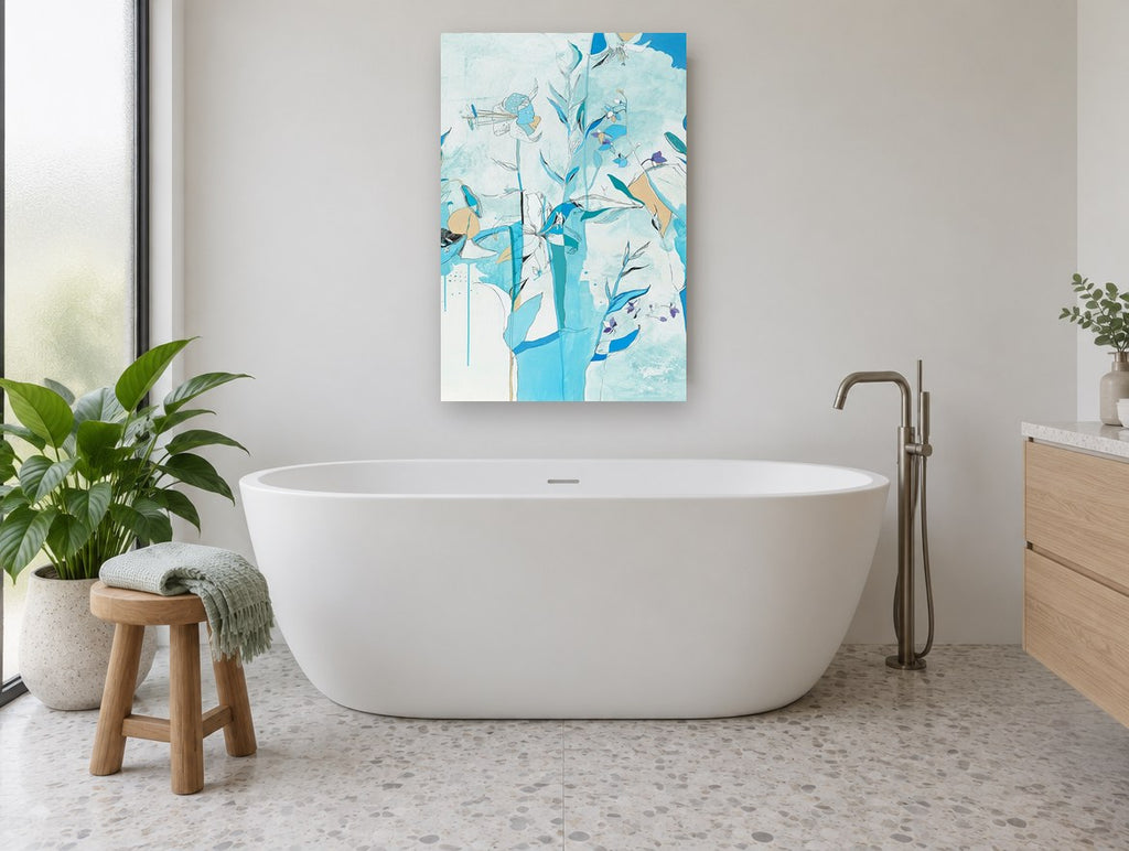 Blue Lily Garden floral canvas print on the wall of a bathroom