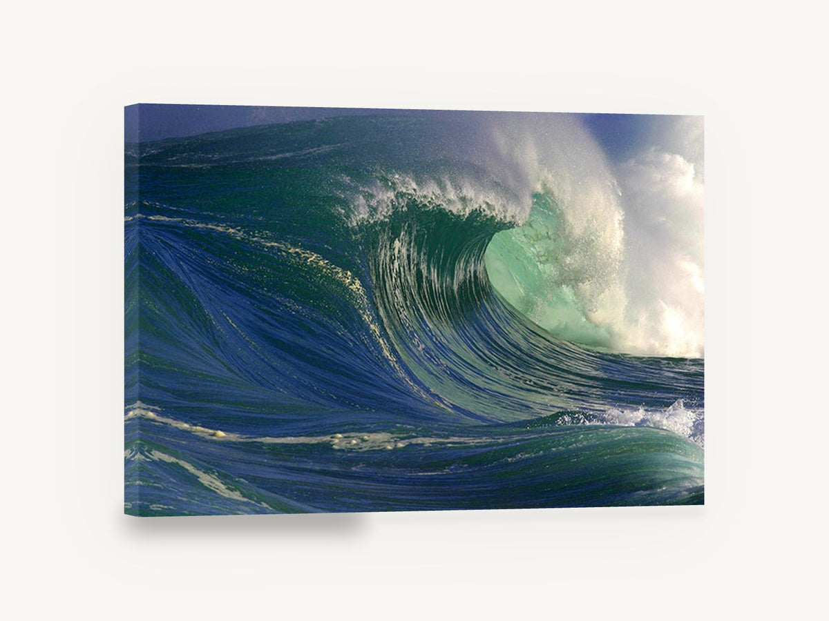 Curling Emerald Barrel, big curling ocean wave photograph, coastal canvas wall art print ready to hang