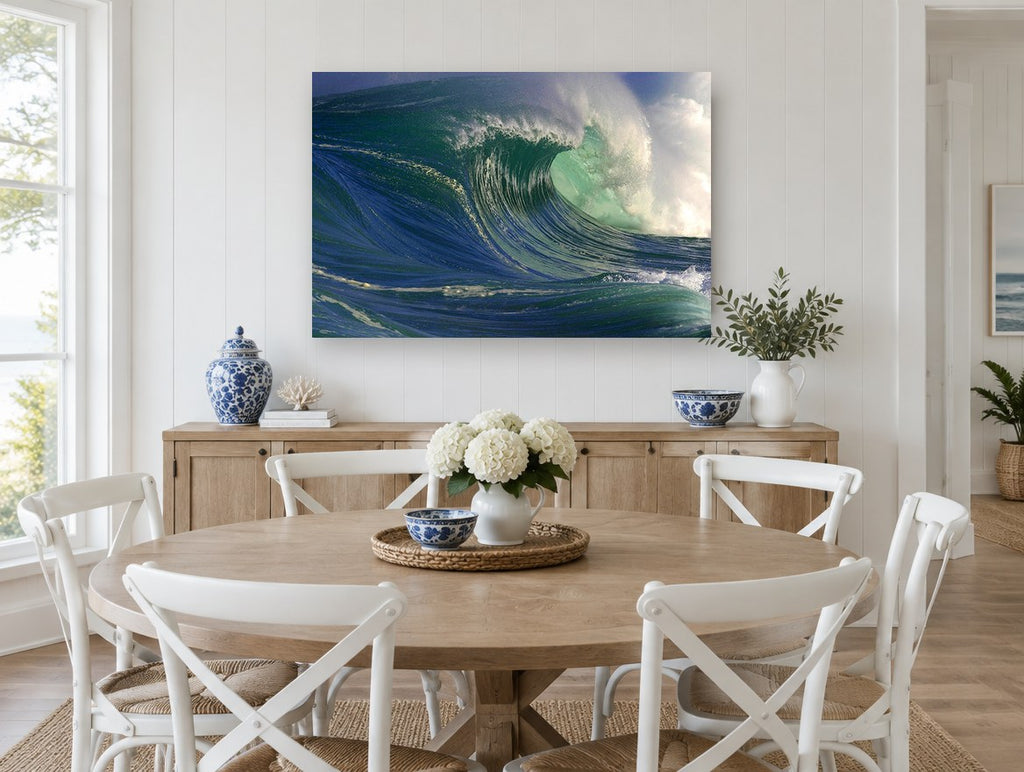 Curling Emerald Barrel coastal canvas print on the wall of a Hamptons dining room