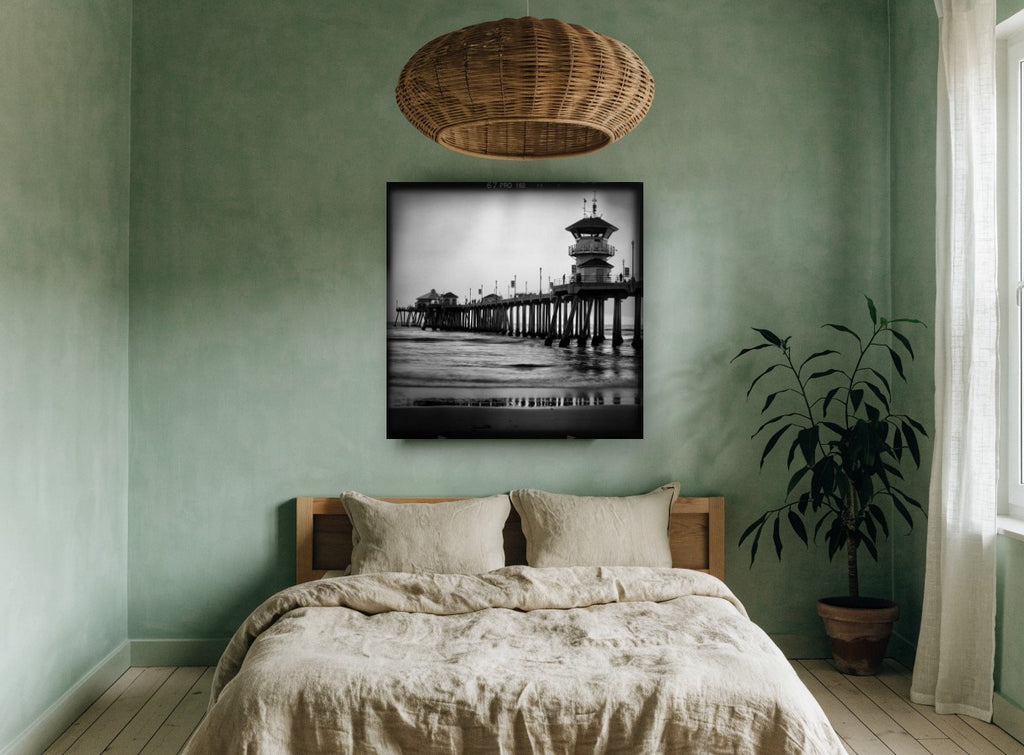 Pier Tower at Dusk coastal canvas print on the wall of a bedroom