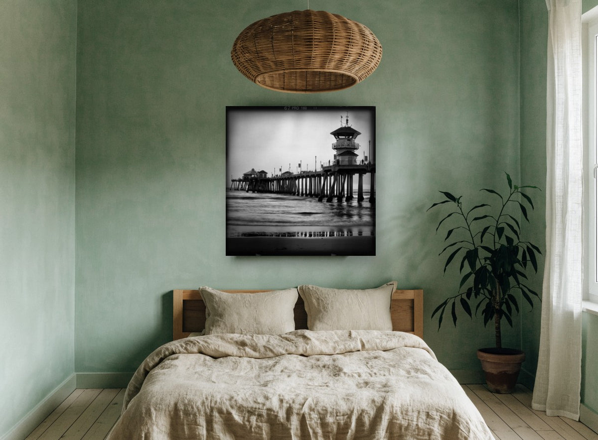 Pier Tower at Dusk coastal canvas print on the wall of a bedroom