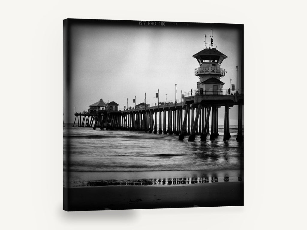 Pier Tower at Dusk, black and white pier photograph, coastal canvas wall art print ready to hang