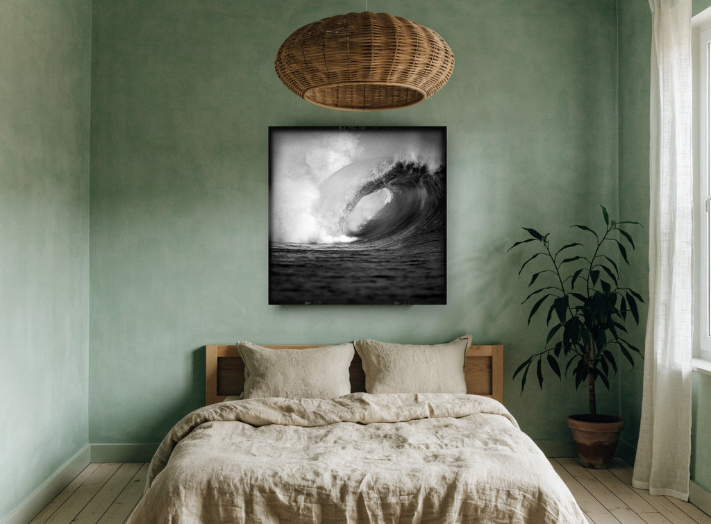 Hollow Barrel Wave coastal canvas print on the wall of a bedroom