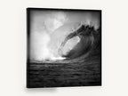 Hollow Barrel Wave, black and white barrelling wave photograph, coastal canvas wall art print ready to hang