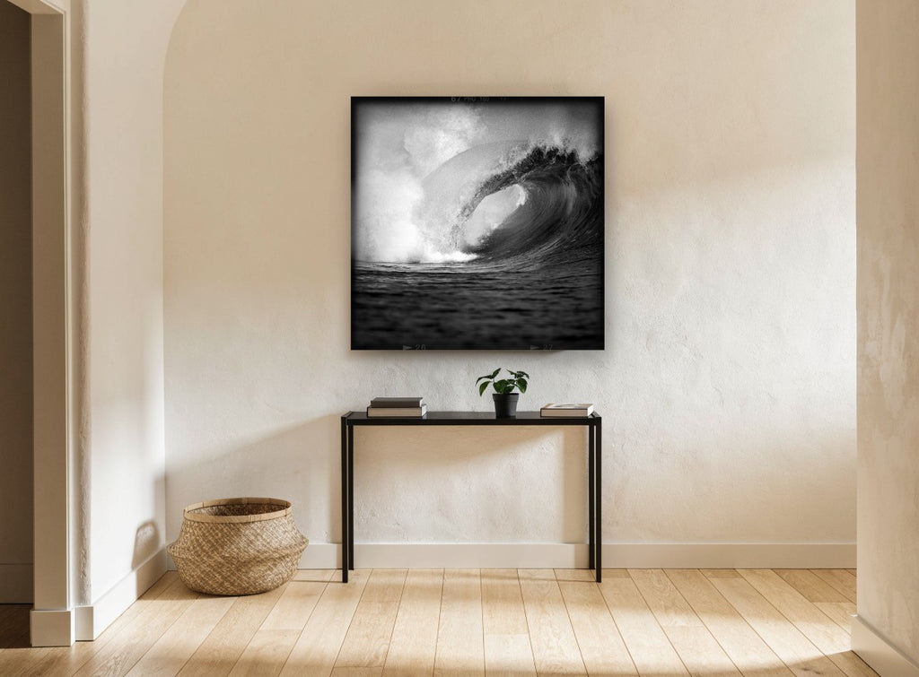Hollow Barrel Wave coastal canvas print on the wall of a hallway