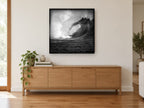 Hollow Barrel Wave coastal canvas print on the wall of a living room above a sideboard