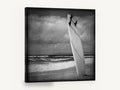 Standing Surfboard Dusk, surfboard on beach black and white, coastal canvas wall art print ready to hang