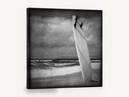 Standing Surfboard Dusk, surfboard on beach black and white, coastal canvas wall art print ready to hang