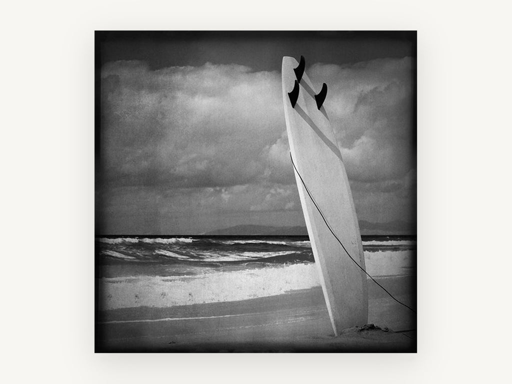 Standing Surfboard Dusk, coastal canvas wall art print, front view