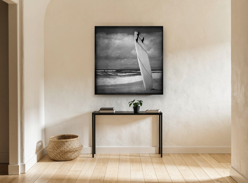 Standing Surfboard Dusk coastal canvas print on the wall of a hallway