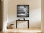 Standing Surfboard Dusk coastal canvas print on the wall of a hallway
