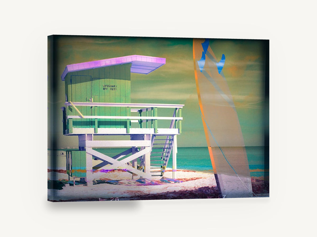 Lifeguard Tower Neon Haze, lifeguard tower surfboard beach photograph, coastal canvas wall art print ready to hang