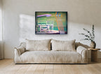 Lifeguard Tower Neon Haze coastal canvas print on the wall of a living room