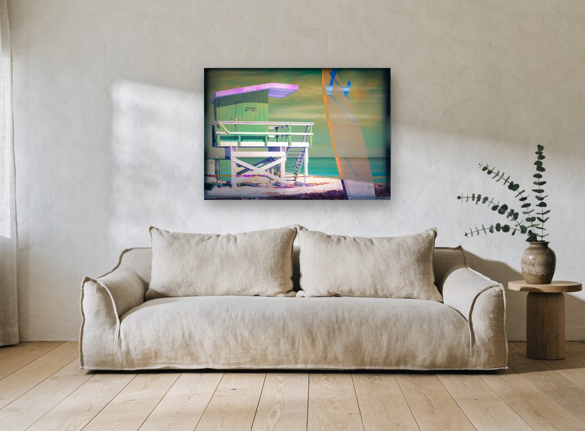 Lifeguard Tower Neon Haze coastal canvas print on the wall of a living room