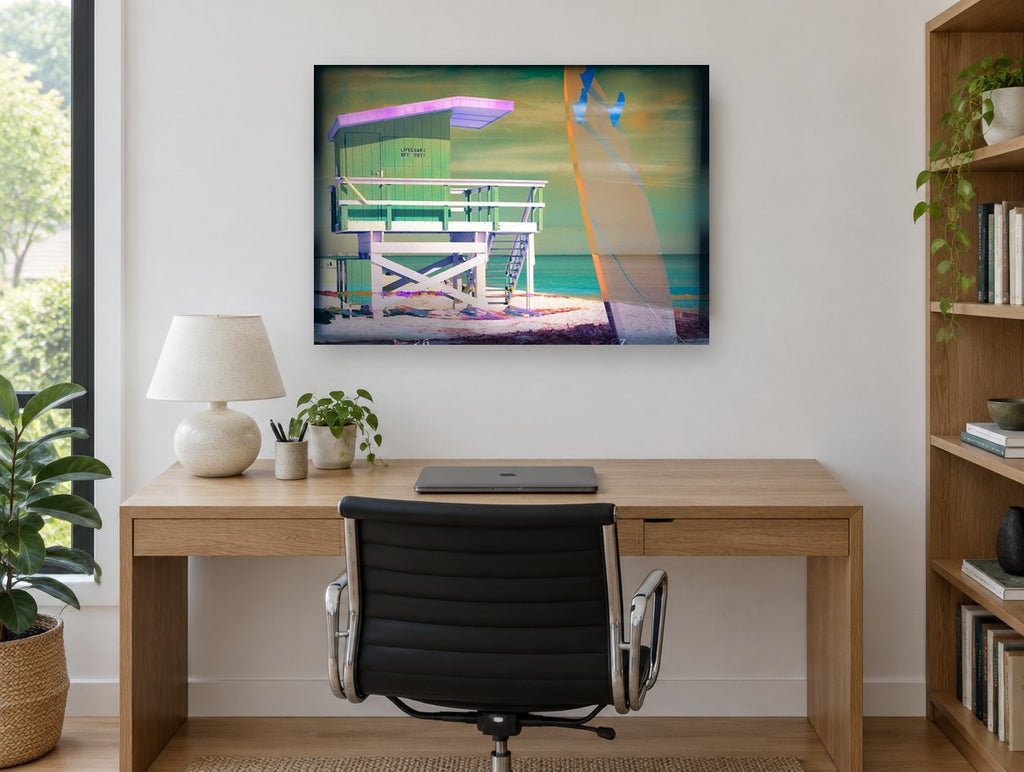 Lifeguard Tower Neon Haze coastal canvas print on the wall of a study
