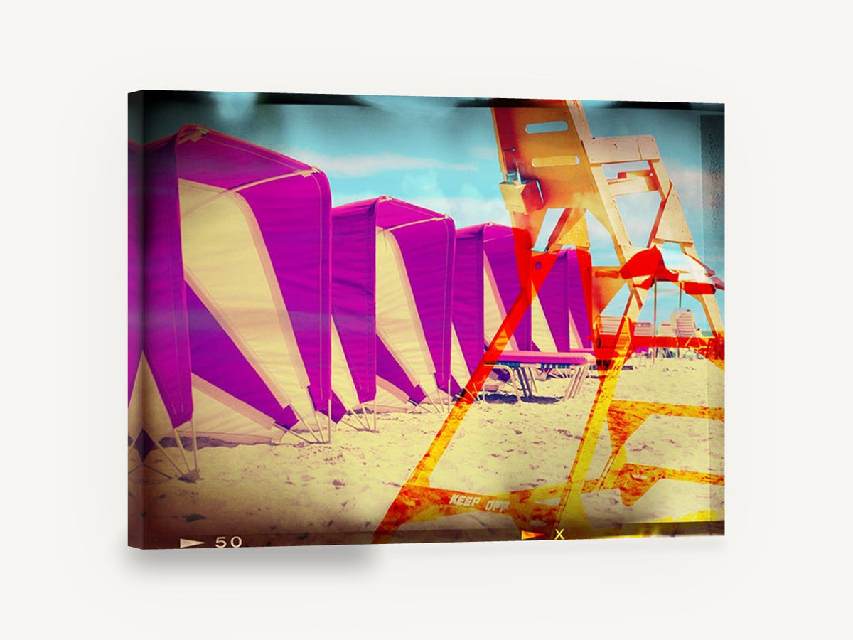 Magenta Cabanas Lifeguard Tower, purple beach cabanas lifeguard tower photograph, coastal canvas wall art print ready to hang