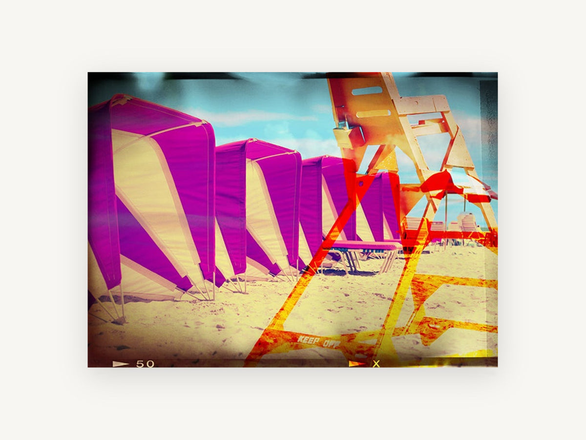Magenta Cabanas Lifeguard Tower, coastal canvas wall art print, front view