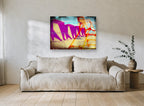 Magenta Cabanas Lifeguard Tower coastal canvas print on the wall of a living room