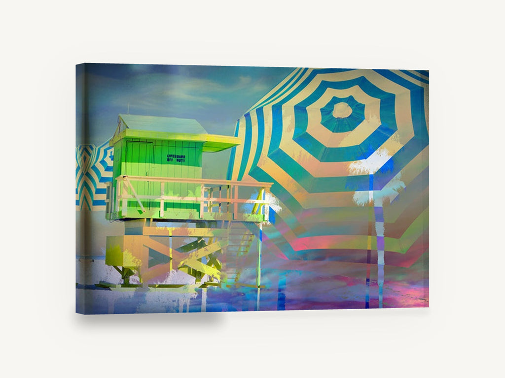 Neon Lifeguard Hut, lifeguard hut striped umbrella digital art, coastal canvas wall art print ready to hang